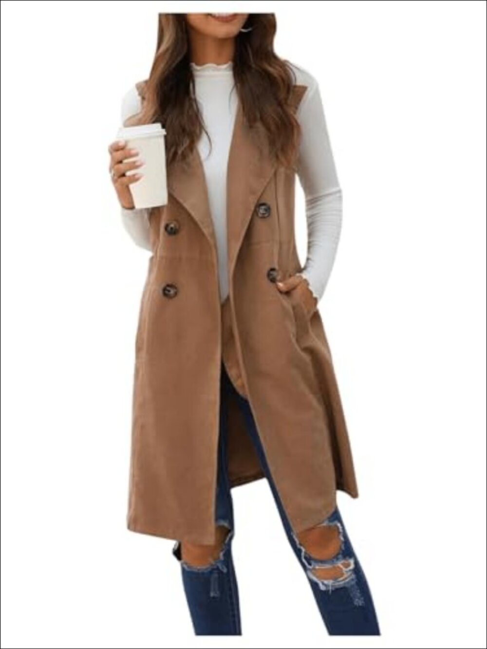 Women's Long Sleeveless Blazer Vest Open Front Double Breasted Work Trench Coat